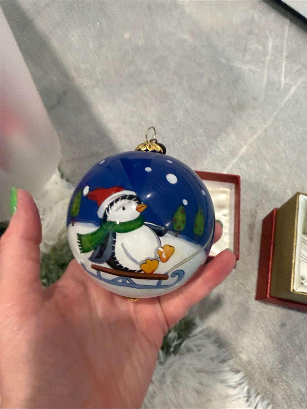 Hand-Painted Blue Snowman Sled Holiday Ornament